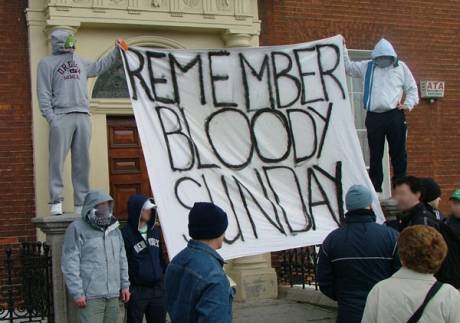 Click on image to see full-sized version Counter-protestors unfurl Bloody Sunday Banner on Parnell Square East as March is Due to Begin