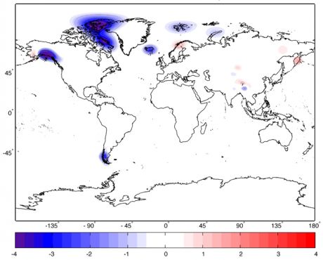 Click on image to see full-sized version Changes in ice thickness (in centimeters per year) during 2003-2010 as measured by NASA's Gravity Recovery and Climate Experiment (GRACE) satellites, averaged over each of the world's ice caps and glacier systems outside of Greenland and Antarctica.