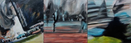 Click on image to see full-sized version Crisis? What Crisis? by Caoimhghin Ó Croidheáin Triptych / Oil on canvas / 60cm x 180cm / 23.6 in x 70.6 in