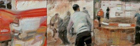 Click on image to see full-sized version 9/11 Mystery Play by Caoimhghin Ó Croidheáin Triptych / Oil on canvas / 60cm x 180cm / 23.6 in x 70.6 in