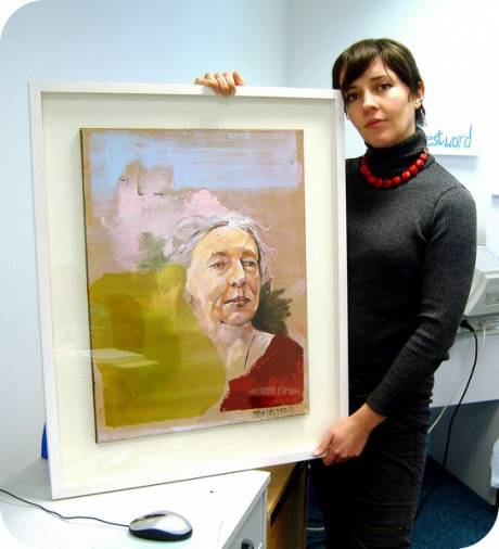 Click on image to see full-sized version Cenbtre Chairperson Aoife Nic Fhearghusa with Tom Byrne's painting of Lady Augusta Gregory
