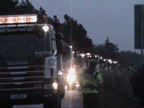 Click on image to see full-sized version Early morning truck blockade