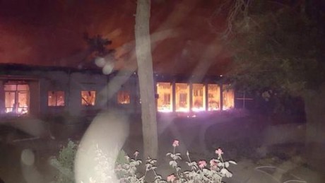 Click on image to see full-sized version Photo MSF. Fires burn in the MSF emergency trauma hospital in Kunduz, Afghanistan, after it was hit and partially destroyed by missiles 03 October 2015.